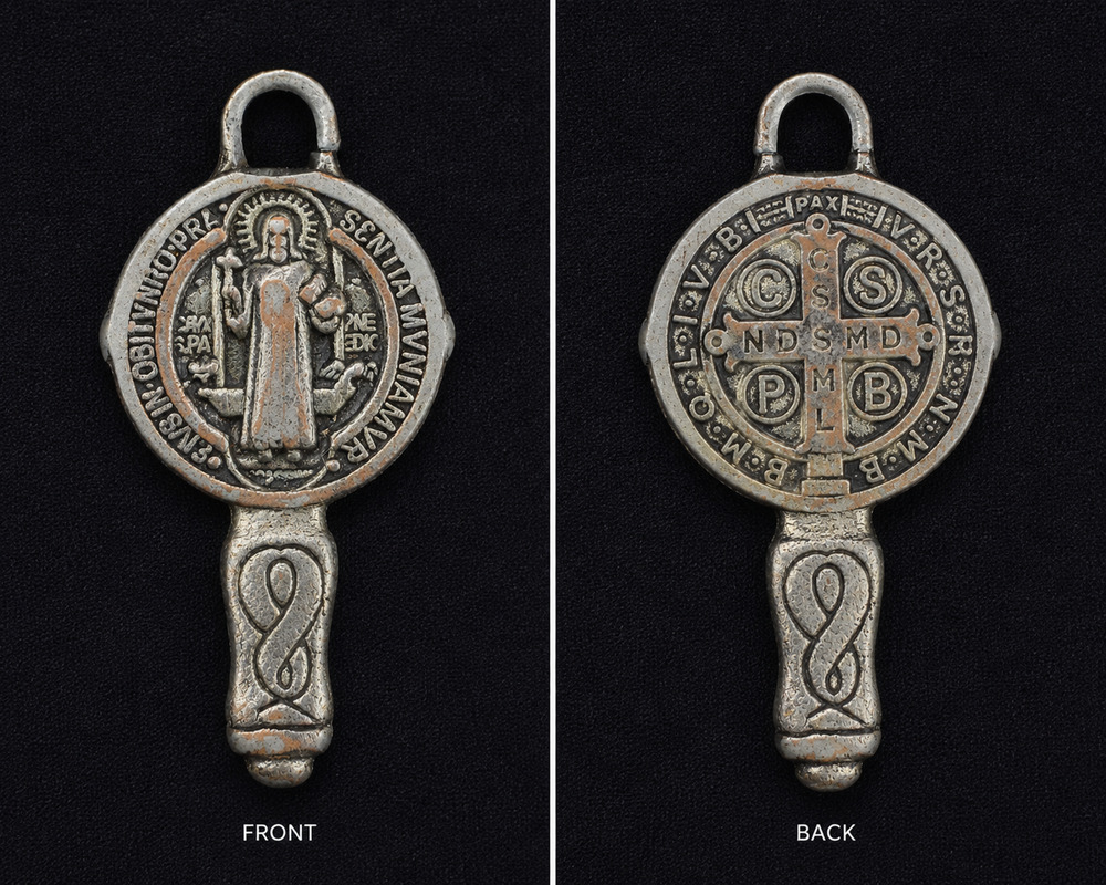 Vintage St Benedict Medal Key Catholic Religious Devotional Pendant Silver Tone